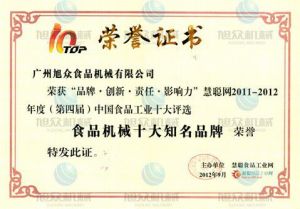 食品機械（xiè）十大品牌證書（shū）